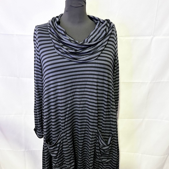 Match Point USA Jersey 3/4 Heather Black Stripe Swing Dress Tunic Cowl Neck Sz S - Picture 1 of 8